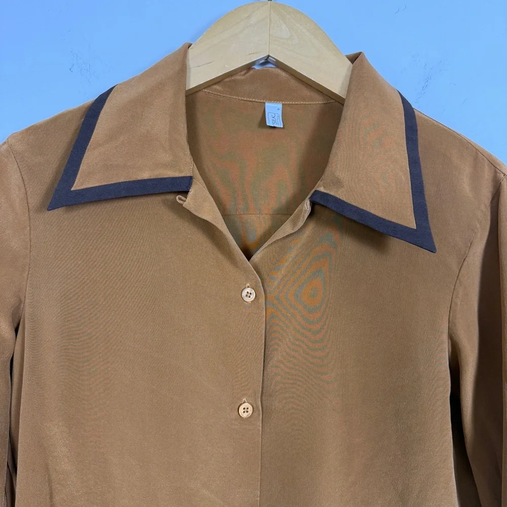 LilySilk 100% Mulberry Silk Blouse Caramel Button Down Contrast Collar S - Picture 3 of 7